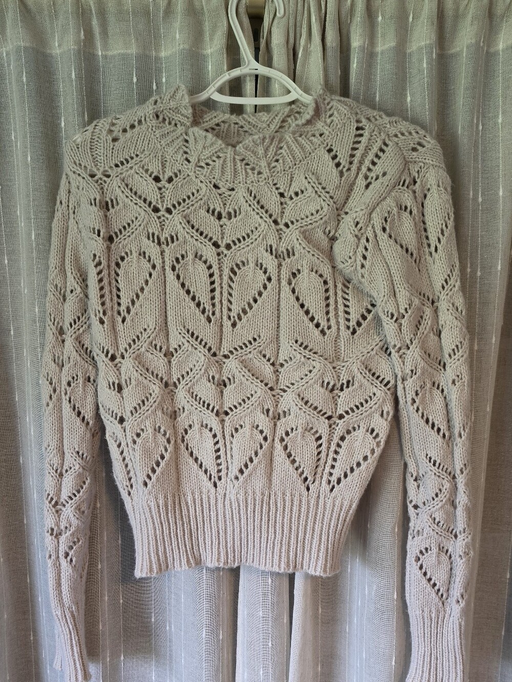 RIHOAS Open-Knit Heart Lace Crewneck Sweater - Beige